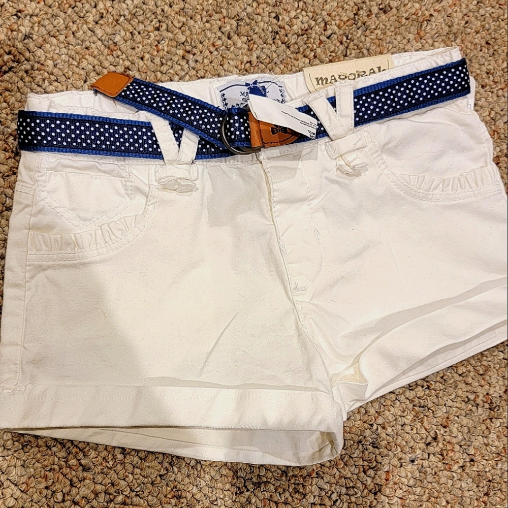 NWT Mayoral twill white shorts with navy polka dot belt 24m 2T